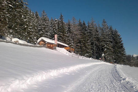 Sattelberghütte im Winter im Vordergrund der Winterwanderweg